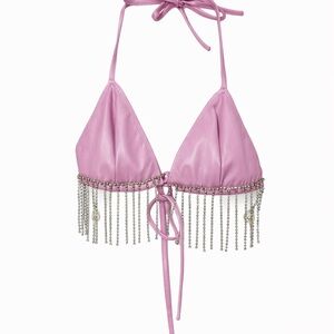 Lavender leather  Halter Bikini Top with Silver Rystone Fringe